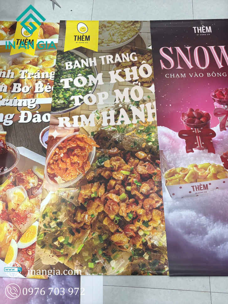 Poster quảng cáo bánh tráng tôm khô tóp mỡ rim hành thương hiệu Thèm với hình món ăn cận cảnh hấp dẫn