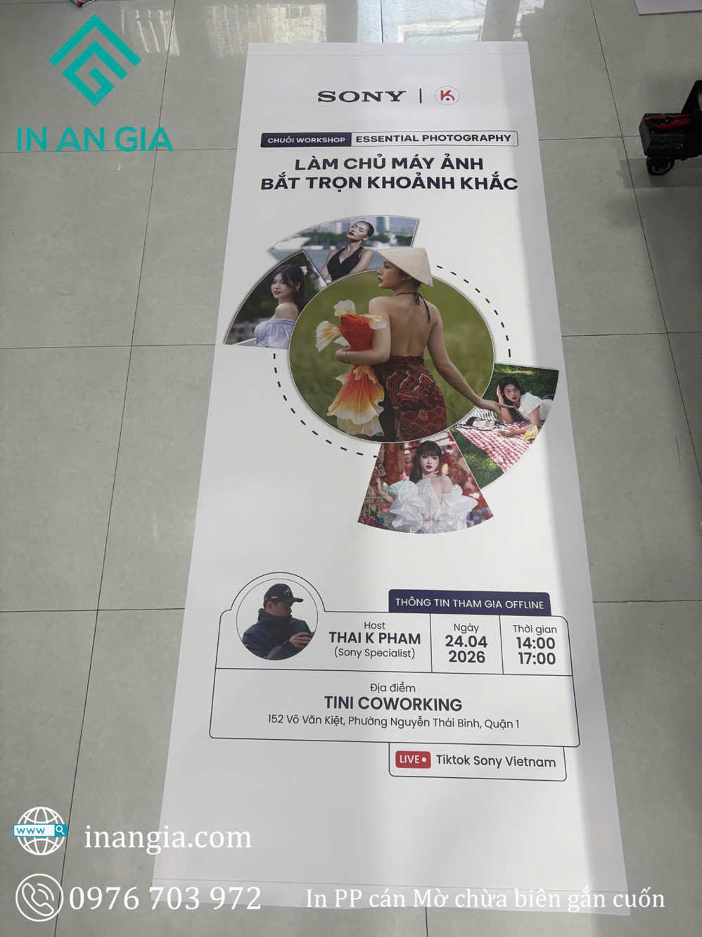 Standee quảng cáo workshop nhiếp ảnh Sony tại Tini Coworking, in bởi In An Gia trên chất liệu PP cán mờ