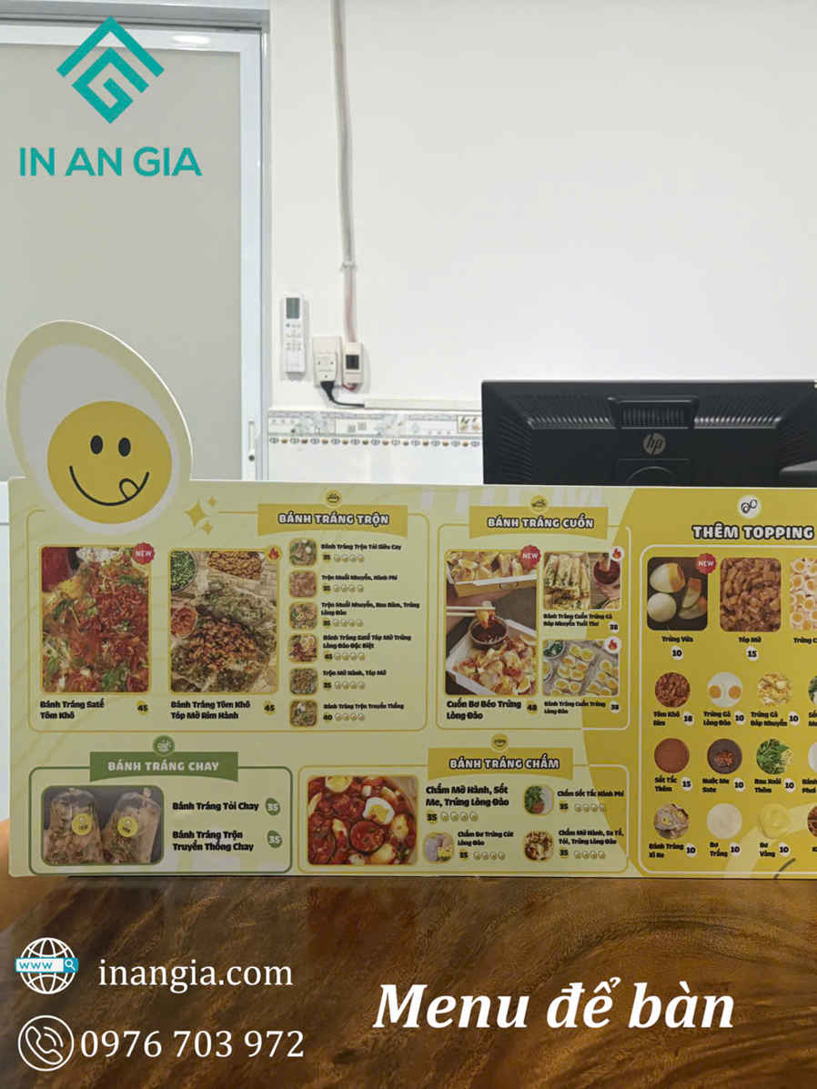 Menu để bàn in màu cho quán bánh tráng với hình ảnh món ăn và thông tin liên hệ In An Gia