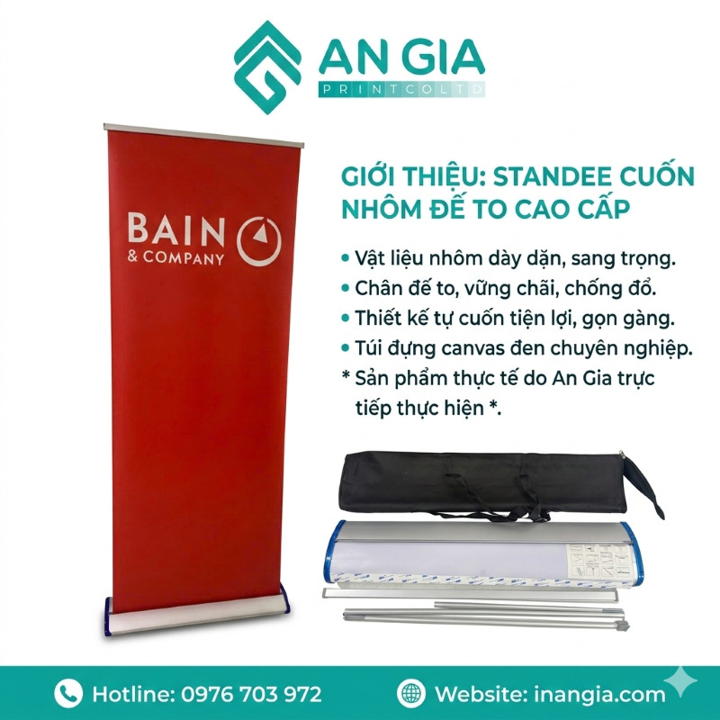Standee cuốn nhôm cao cấp An Gia màu đỏ kèm túi đựng canvas và phụ kiện lắp ráp