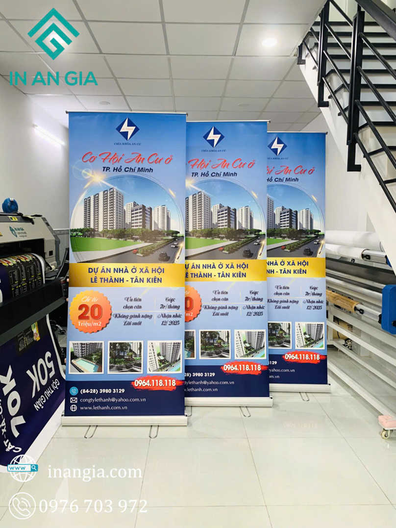 Standee quảng cáo dự án nhà ở xã hội Lê Thành Tân Kiên tại xưởng In An Gia