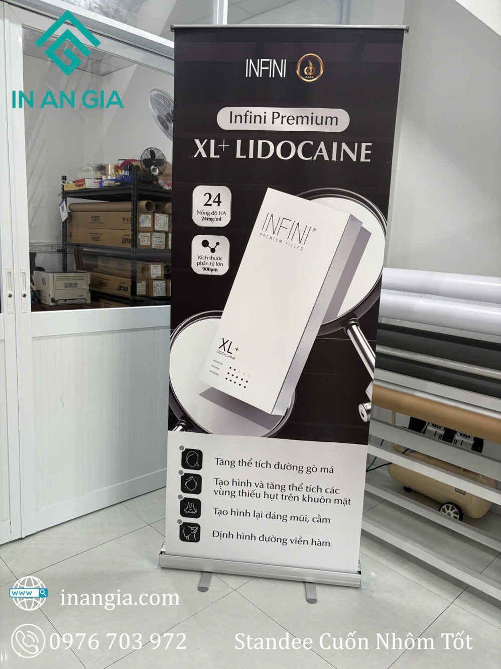 Standee quảng cáo filler Infini Premium XL Plus Lidocaine đặt trong xưởng in ấn In An Gia