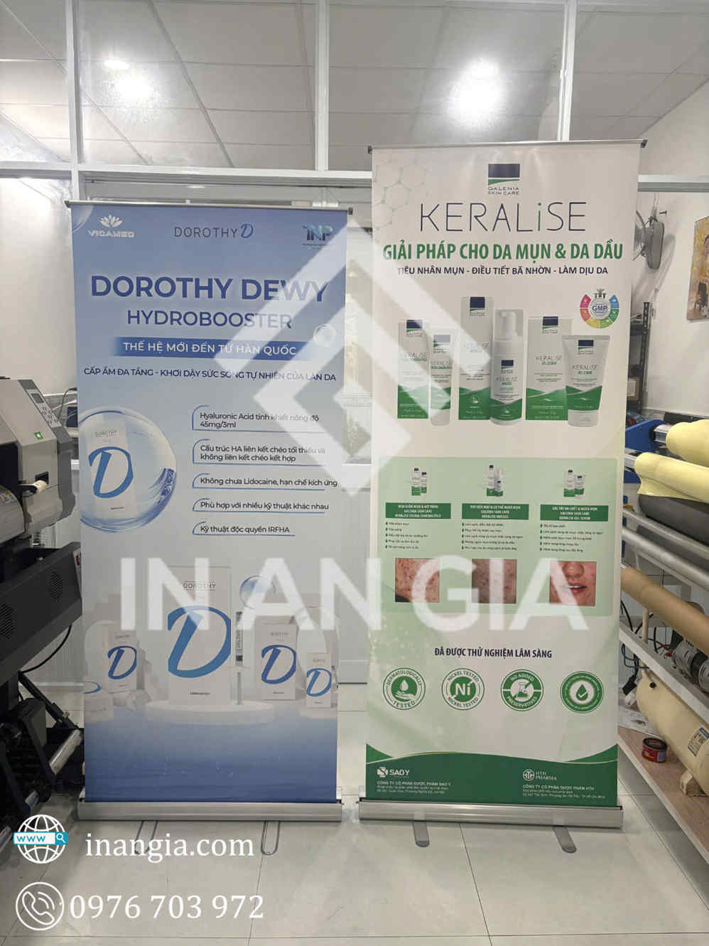 Standee quảng cáo mỹ phẩm Dorothy Dewy Hydrobooster và Keralise chăm sóc da mụn sản xuất tại Xưởng In An Gia
