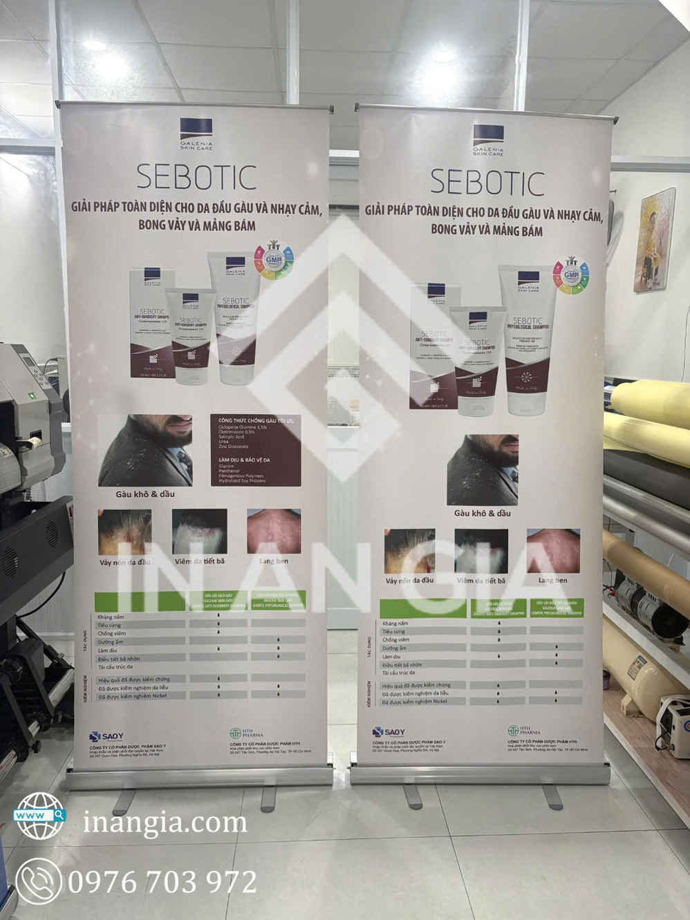 Standee quảng cáo bộ sản phẩm chăm sóc da đầu SEBOTIC trị gàu và da đầu sản xuất tại Xưởng In An Gia