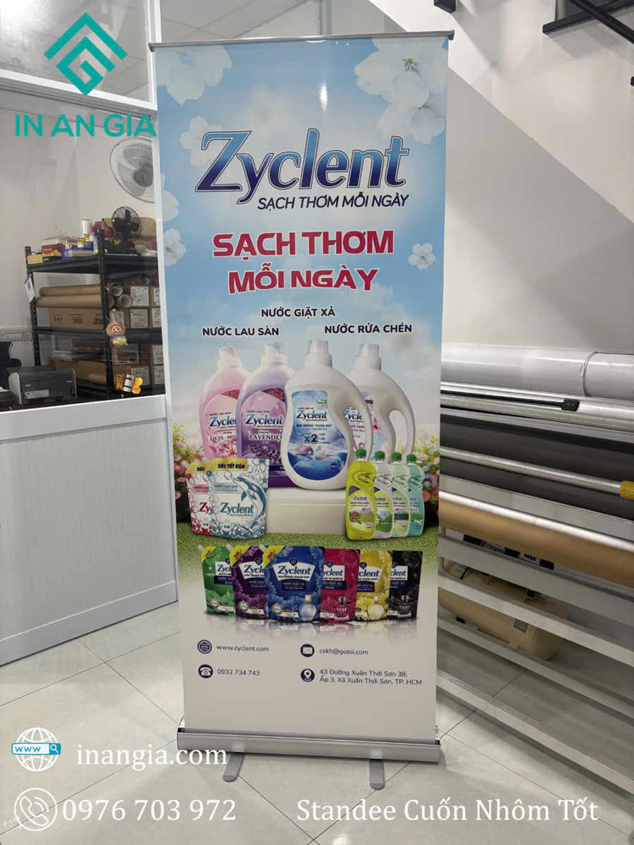 Standee quảng cáo bộ sản phẩm nước giặt xả, nước lau sàn, nước rửa chén Zyclent trong phòng in ấn