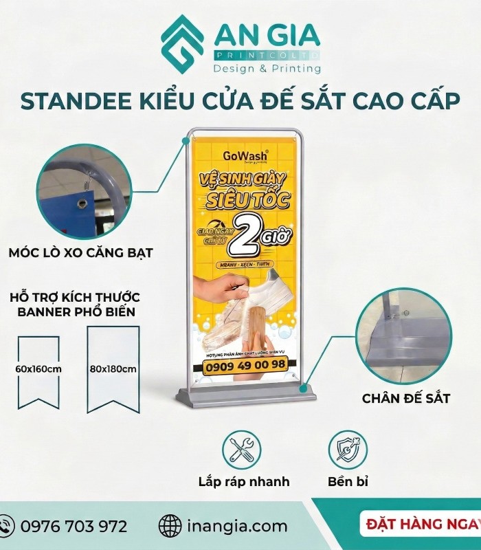 Standee kiểu cửa đế sắt cao cấp in banner quảng cáo vệ sinh giày GoWash của An Gia Printco