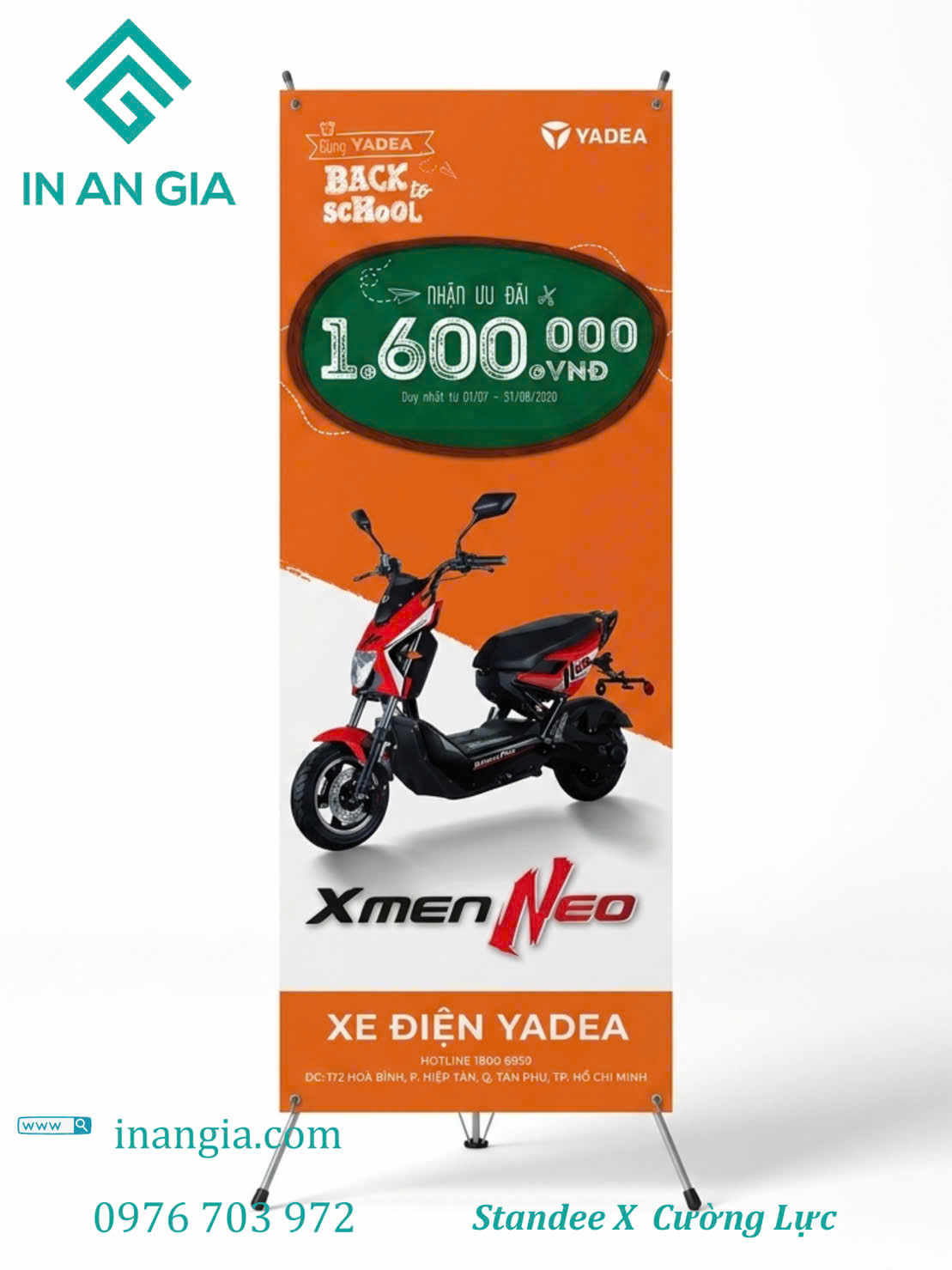 Standee quảng cáo xe điện Yadea Xmen Neo màu đỏ đen khuyến mãi ưu đãi 1.600.000 đồng