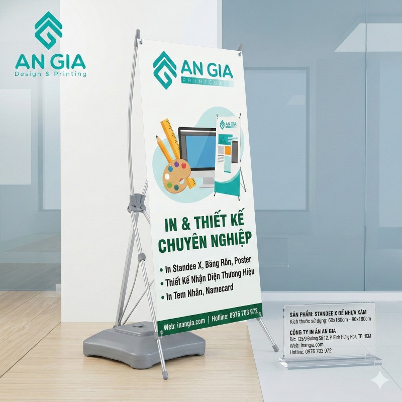 Standee X đế nước hình vuông màu xám giúp chống gió tốt khi trưng bày ngoài trời