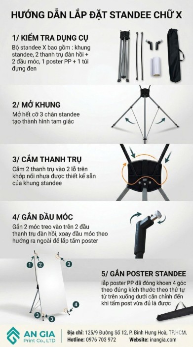 Hướng dẫn lắp đặt khung standee chữ X bằng nhôm với các bước chi tiết và poster mẫu gắn hoàn chỉnh